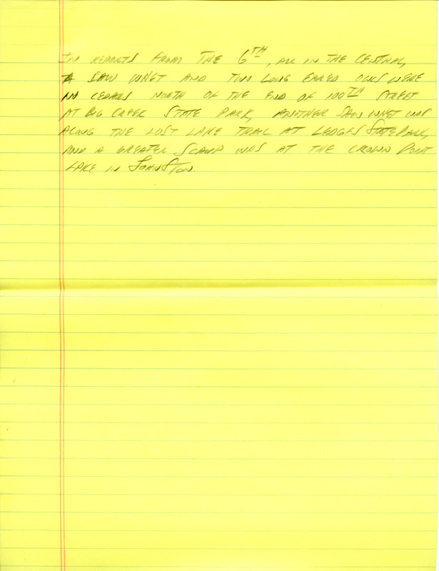 Email for the Iowa Birdline update for February 1, 1993. Highlights of the update include sightings of the continued presence of Iceland Gulls, two Townsend's Solitaires, a Long-tailed Duck and two Trumpeter Swans. Also included are handwritten notes for the next week's update with sightings of a Northern Saw-whet Owl and two Long-eared Owls at Big Creek State Park, and an additional Northern Saw-whet Owl sighted at Ledges State Park.