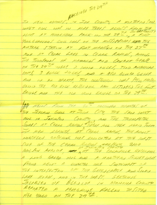 Email for the Iowa Birdline update for January 25, 1993. Highlights of the update include sightings of the continued presence of the two Townsend's Solitaires, a Long-tailed Duck and two Trumpeter Swans. Also included are handwritten notes for the next week's update with sightings of a Northern Saw-whet Owl, a first year Glaucous Gull and two Wood Ducks.