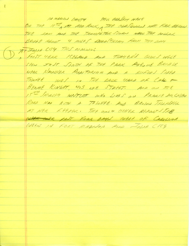 Email for the Iowa Birdline update for January 11, 1993. Highlights of the update include sightings of the continued presence of the two Townsend's Solitaires, Long-tailed Duck, Trumpeter Swans and a Prairie Falcon. Also included are handwritten notes for the next week's update with sightings of a first year Iceland Gull and Thayer's Gulls.