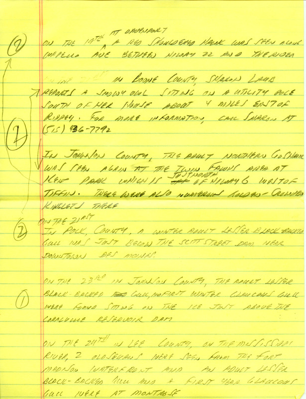 Email of the Iowa Birdline update for December 20, 1993. Highlights include the first reports from the Christmas bird counts. Includes hand written notes in preparation for next week's update.