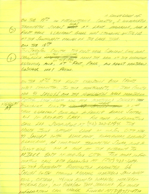 Email of the Iowa Birdline update for December 13, 1993. Highlights include large number of Gulls, including some that are rare in the state. Includes hand written notes in preparation for next week's update.