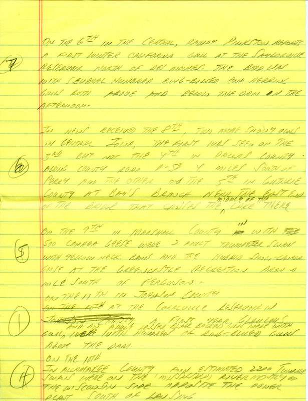 Email of the Iowa Birdline update for December 6, 1993. Highlights include 15 species of waterfowl at Pleasant Creek including Black Scoters, a White-winged Scoter and Long-tailed Ducks. Includes hand written notes in preparation for next week's update.