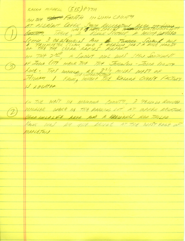 Email of the Iowa Birdline update for November 29, 1993. Highlights include reports for Long-tailed Duck, two Scoter species, Western Grebe, Golden Eagle and Snowy Owl. Includes hand written notes in preparation for next week's update.