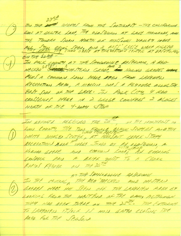 Email of the Iowa Birdline update for November 22, 1993. Highlights include sightings for a California Gull, Red Crossbills, Long-tailed Ducks and Scoters. Includes hand written notes in preparation for next week's update.