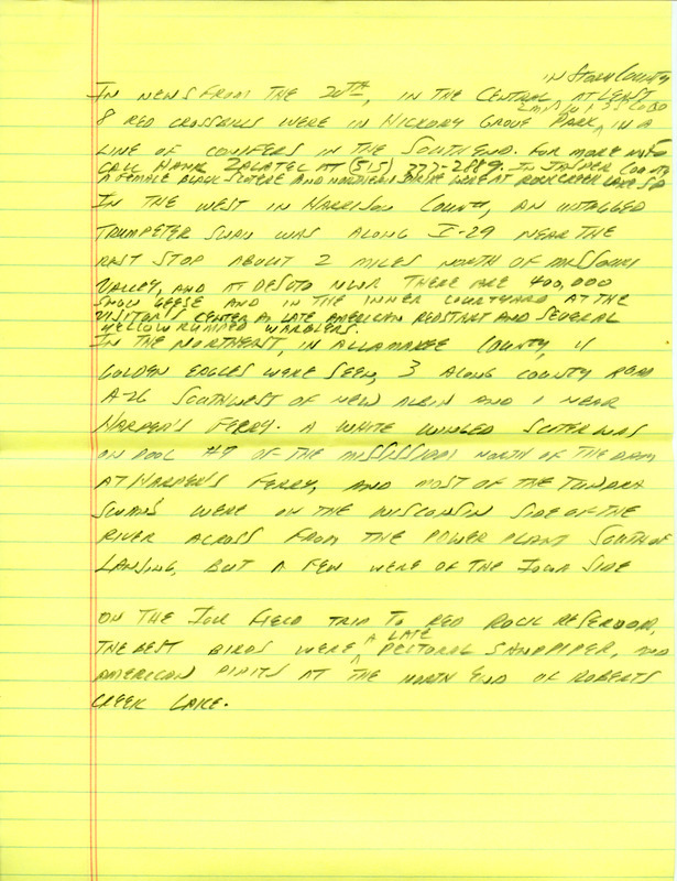 Email of the Iowa Birdline update for November 15, 1993. Highlights include the sighting of a Mew Gull; a Thayer's Gull has been sighted at the same location. Includes hand written notes in preparation for next week's update.