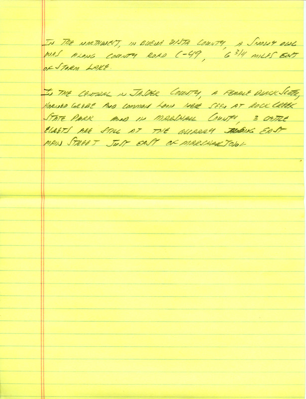 Email of the Iowa Birdline update for November 10, 1993. Highlights include sightings of Evening Grosbeaks, a White-winged Crossbill, Snowy Owls, Scoters and a Pacific Loon. Includes hand written notes in preparation for next week's update.