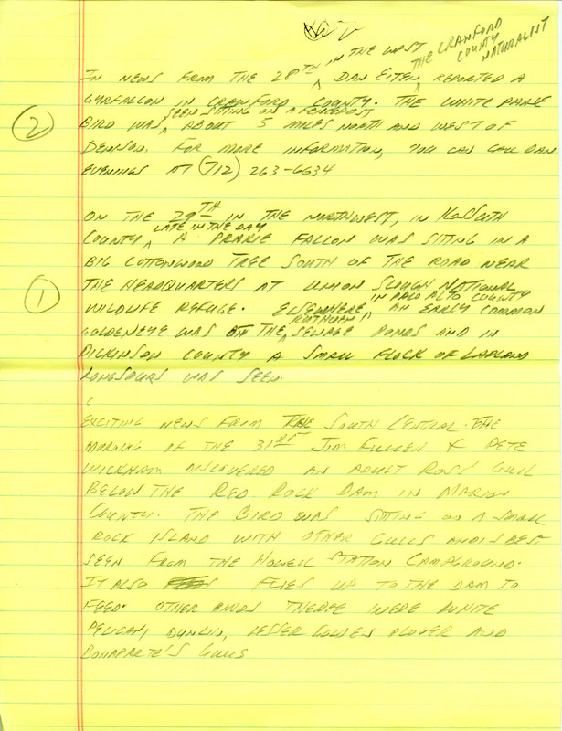 Email of the Iowa Birdline update for October 25, 1993. Highlights include sightings of White-faced Ibis, Sandhill Crane, Sabine's Gull and Western Grebe. Includes hand written notes in preparation for next week's update.