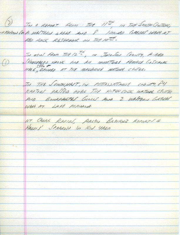 Email of the Iowa Birdline update for October 11, 1993. Highlights include sightings of Red-shouldered Hawk and the end of the early passerine migration and reports of later migrants. Includes hand written notes in preparation for next week's update.