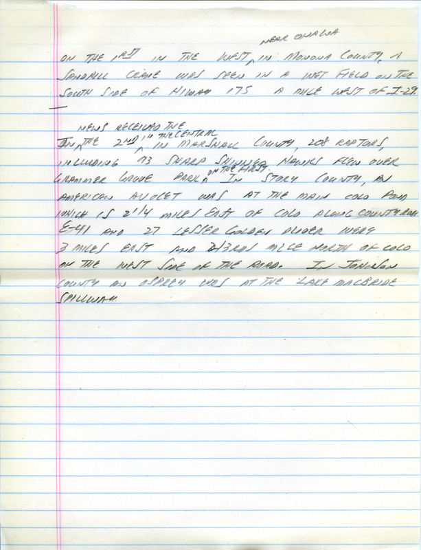 Email of the Iowa Birdline update for September 27, 1993. Highlights include sightings of a Gyrfalcon, Western Grebe and Yellow Rail. Includes hand written notes in preparation for next week's update.