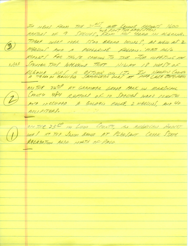 Email of the Iowa Birdline update for September 20, 1993. Highlights include sightings of a Laughing Gull, California Gull and Reddish Egret. Includes hand written notes in preparation for next week's update.