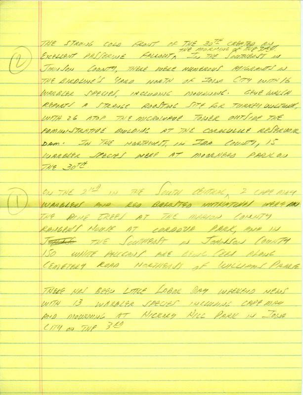 Email of the Iowa Birdline update for August 30, 1993. Highlights include reports on the warbler and shorebird migration. Includes hand written notes in preparation for next week's update.