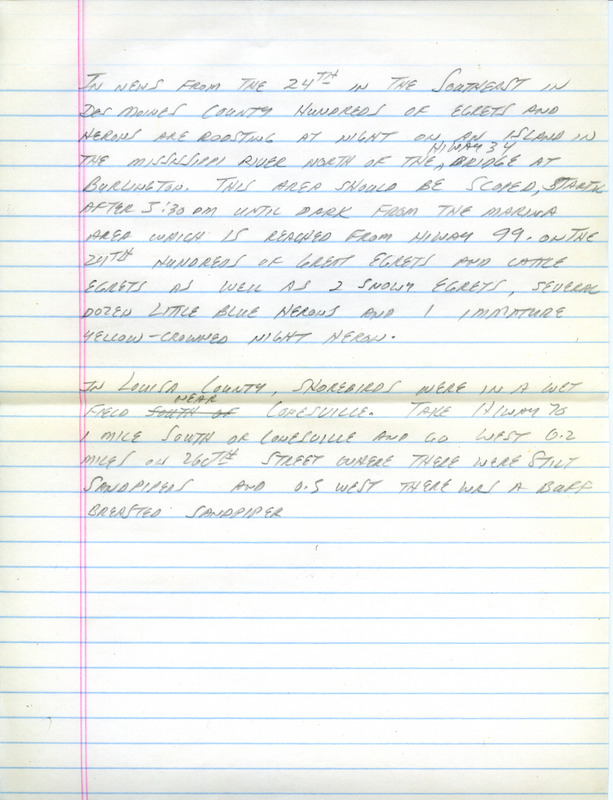 Email of the Iowa Birdline update for August 23, 1993. Highlights include reports of some interesting shorebirds. Includes hand written notes in preparation for next week's update.