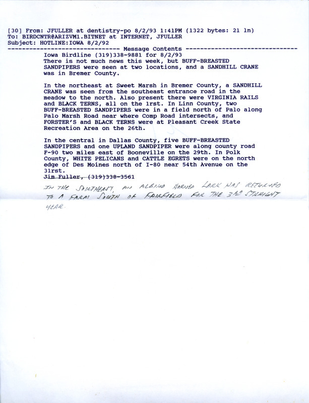 Email of the Iowa Birdline update for August 2, 1993. Highlights include sightings of Buff-breasted Sandpipers and a Sandhill Crane.