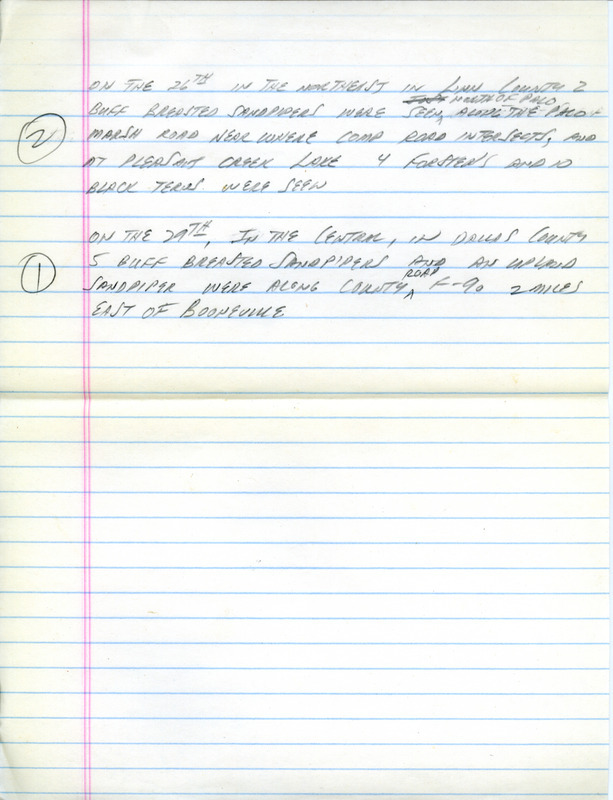 Email of the Iowa Birdline update for July 26, 1993. Highlights include Piping Plovers, Least Terns and a Little Blue Heron. Includes hand written notes in preparation for next week's update.