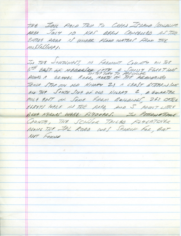 Email of the Iowa Birdline update for July 5, 1993. Highlights include a Red-necked Grebe, a Virginia Rail and a Western Grebe. Includes hand written notes in preparation for next week's update.