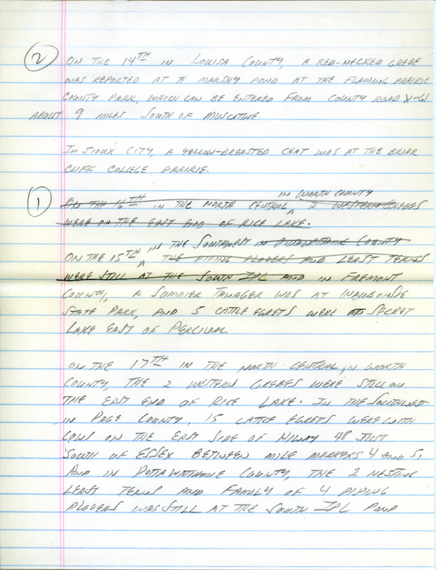 Email for the Iowa Birdline update for June 13, 1994. Highlights include Purple Gallinule, Sandhill Crane, Prairie Warbler, Western Grebe and Least Tern. Includes hand written notes in preparation for next week's update.