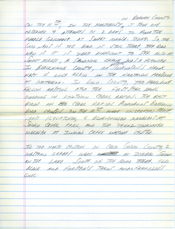 Email for the Iowa Birdline update for June 6, 1994. Highlights include Prairie Warbler, Sandhill Crane and Western Grebe. Includes hand written notes in preparation for next week's update.