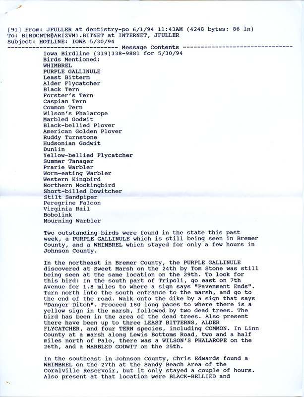 Email for the Iowa Birdline update for May 30, 1994. Highlights include a Purple Gallinule and a Whimbrel.