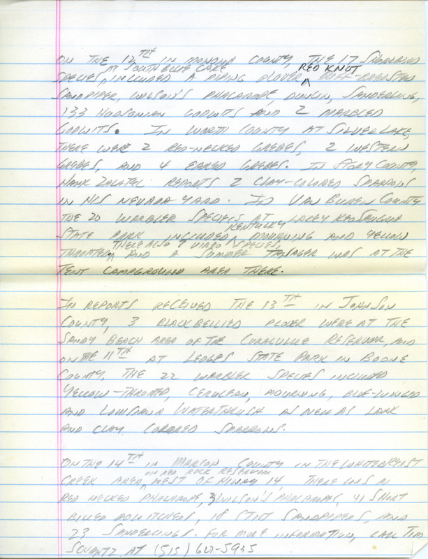 Email for the Iowa Birdline update for May 9, 1994. Highlights include Fish Crow, Marbled Godwit, Prairie Warbler, Henslow's Sparrow and White-faced Ibis. Includes hand written notes in preparation for next week's update.