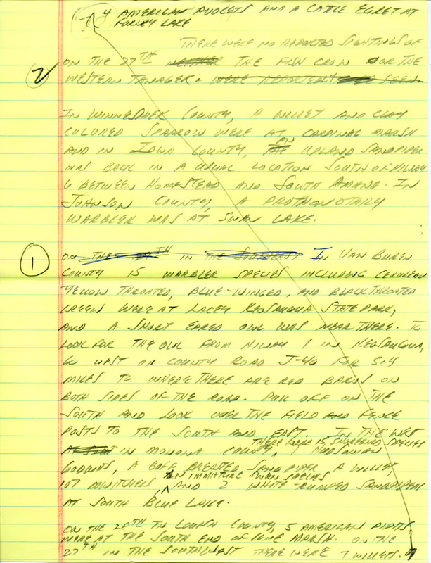 Email for the Iowa Birdline update for April 25, 1994. Highlights include Cinnamon Teal, Marbled Godwit, Piping Plover and passerine migration. Includes hand written notes in preparation for next week's update.