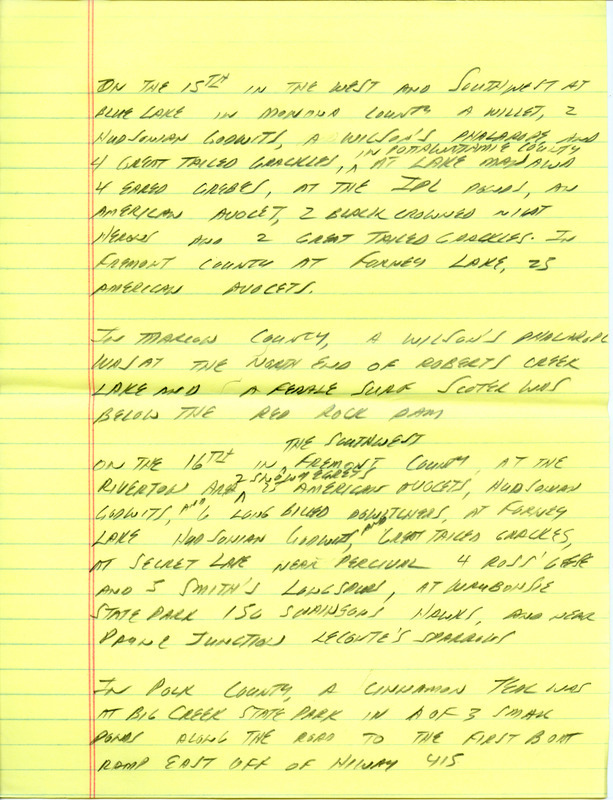 Email for the Iowa Birdline update for April 11, 1994. Highlights include Cinnamon Teal, Sandhill Crane, Black Scoter, Red-necked Grebe and Varied Thrush. Includes hand written notes in preparation for next week's update.