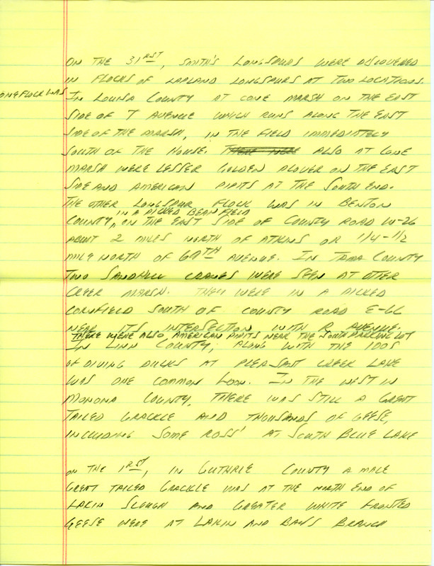 Email for the Iowa Birdline update for March 28, 1994. Highlights include Sandhill Crane, Snowy Owl and Varied Thrush. Includes hand written notes in preparation for next week's update.