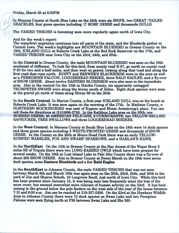 Notes for the Iowa Birdline update for March 25, 1994. Highlights include Mountain Bluebird, Iceland Gull and Varied Thrush.