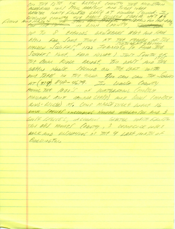 Email for the Iowa Birdline update for March 7, 1994. Highlights include Mountain Bluebird, Greater Prairie-Chicken and Varied Thrush. Includes hand written notes in preparation for next week's update.