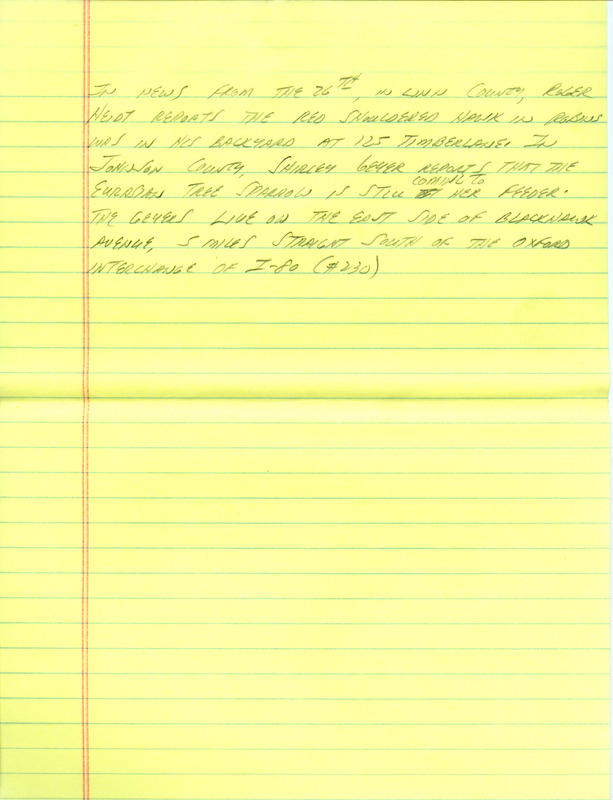 Email for the Iowa Birdline update for February 21, 1994. Highlights include the sighting of a Greater Prairie-Chicken. Includes hand written notes in preparation for next week's update.