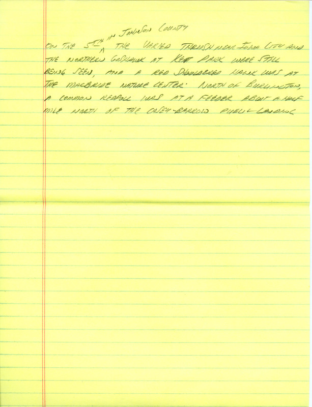 Email for the Iowa Birdline update for January 31, 1994. Highlights include Red Crossbill, Prairie Falcon, Snowy Owl and Varied Thrush. Includes hand written notes in preparation for next week's update.