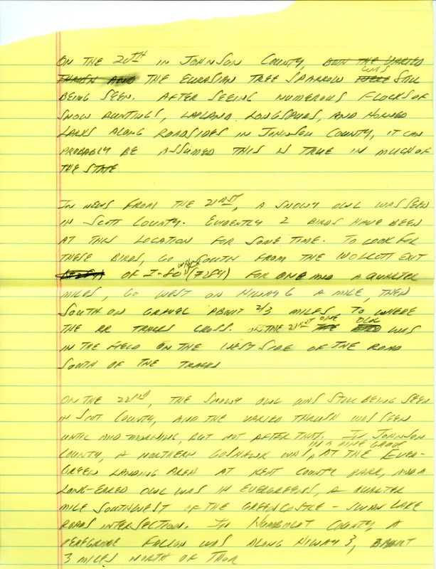 Email for the Iowa Birdline update for January 17, 1994. Highlights include the sighting of a Varied Thrush. Includes hand written notes in preparation for next week's update.