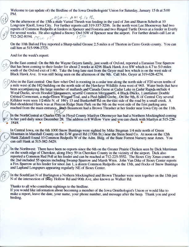 Notes for the Iowa Birdline update for January 15, 1994. Highlights include a Varied Thrush, Common Redpolls and a Snowy Owl.