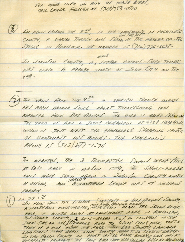 Email for the Iowa Birdline update for January 2, 1994. Highlights include Gulls, a Gyrfalcon and a Long-tailed Duck. Includes hand written notes in preparation for next week's update.