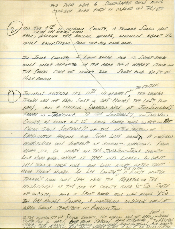 Email for the Iowa Birdline update for January 9, 1995. Highlights include Varied Thrush, Gyrfalcon and Bohemian Waxwing. Includes hand written notes in preparation for next week's update.