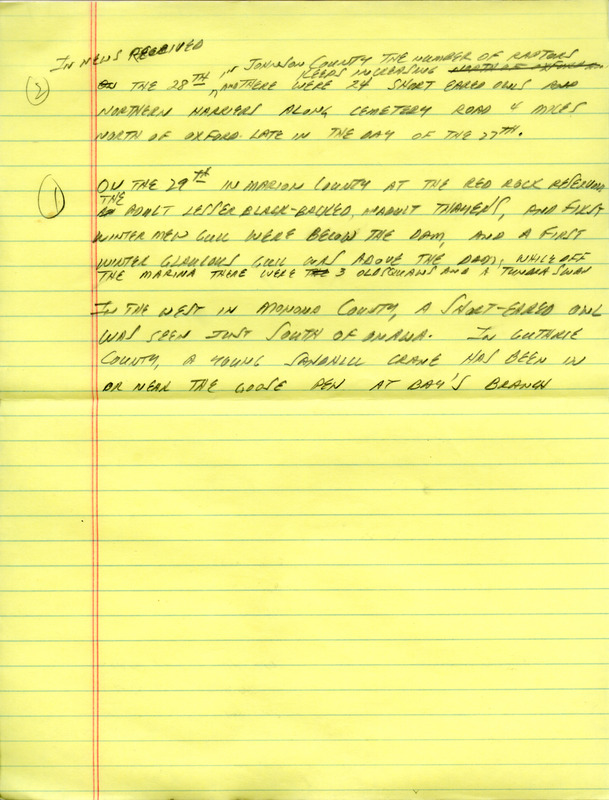 Email of the Iowa Birdline update for December 26, 1994. Highlights of the update include sightings of a Say's Phoebe, Long-tailed Ducks, a White-winged Scoter, a Surf Scoter, a Lesser Black-backed Gull, and a Mew Gull. Also included are handwritten notes for the next week's update with sightings of Short-eared Owls, several species of Gulls, and a Sandhill Crane.