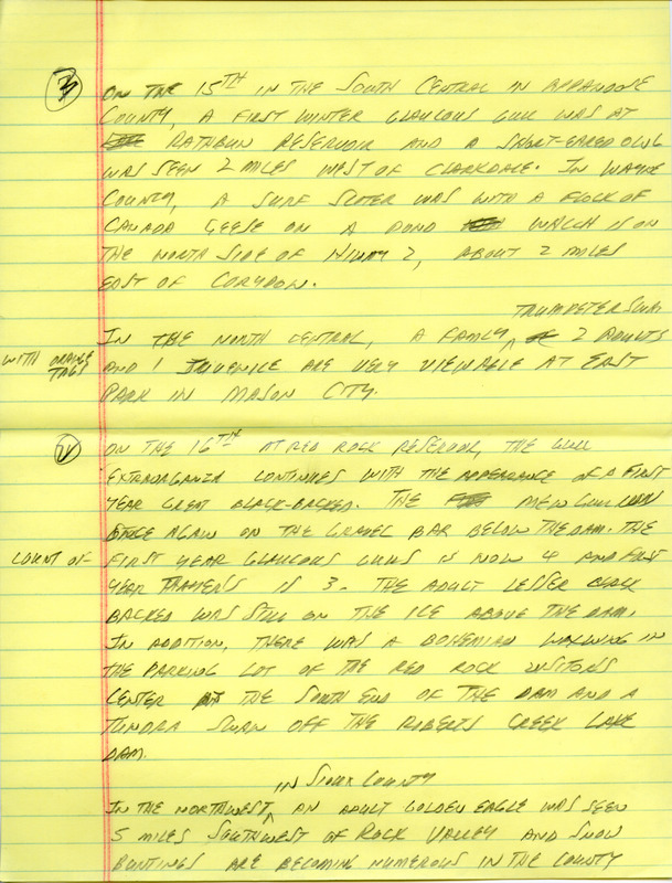 Email of the Iowa Birdline update for December 12, 1994. Highlights of the update include sightings of a Bohemian Waxwing as well as several species of Gulls, including a first winter Mew Gull, an adult Lesser Black-backed Gull, a first winter Glaucous Gull, and a first winter Thayer's Gull. Also included are handwritten notes for the next week's update with sightings of a Say's Phoebe, Trumpeter Swans, an Eastern Bluebird, and a flock of Snow Buntings.