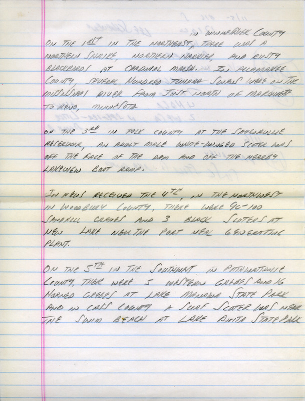 Email of the Iowa Birdline update for October 31, 1994. Highlights of the update include sightings of White-winged Scoters, Black Scoters, a Lesser Black-backed Gull, a Hudsonian Godwit, a Laughing Gull, and Sandhill Cranes. The most evident migrants seen across the Iowa countryside were Red-tailed Hawks and Sparrows. Also included are handwritten notes for the next week's update with sightings of Scoters and Grebes.