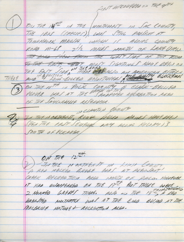 Email of the Iowa Birdline update for October 10, 1994. Highlights of the update include details on the later passerine migration, including sightings of Yellow-rumped Warblers and White-throated Sparrows. Also of note was the observation of thirteen species of Sparrows in central Iowa and a report from a hawk watch held at Grammer Grove Park, including sightings of 26 Swainson's Hawks and 55 Red-tailed Hawks. Also included are handwritten notes for the next week's update with sightings of an Ibis and a Red-necked Grebe.