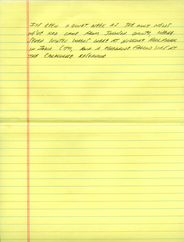 Email of the Iowa Birdline update for October 3, 1994. Highlights of the update include sightings of a Black-throated Blue Warbler in three locations, Merlins, a Red-breasted Nuthatch, and a late Indigo Bunting. Also of note were the observations of nine Warbler species in Cedar Rapids and ten Sparrow species in Greene and Polk Counties. Also included are handwritten notes for the next week's update with sightings of seven Winter Wrens and a Peregrine Falcon.