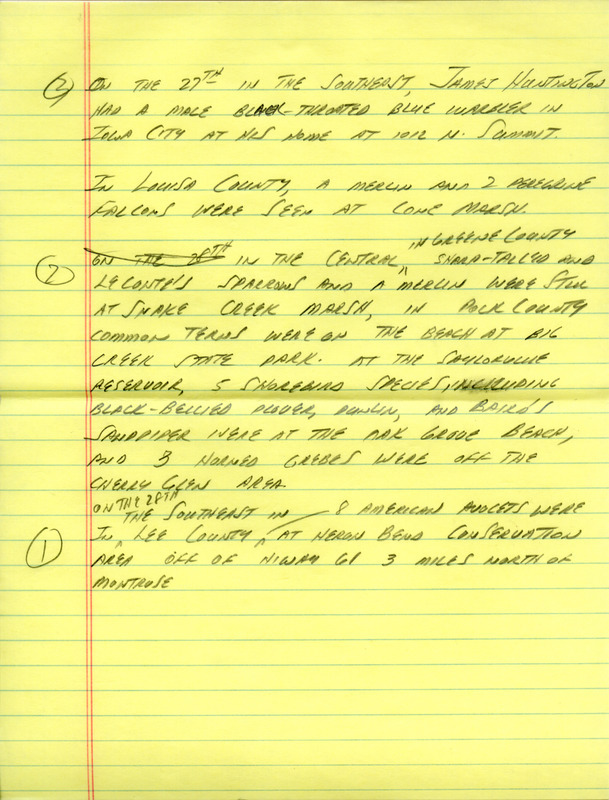 Email of the Iowa Birdline update for September 26, 1994. Highlights of the update include observations of large concentrations of American White Pelicans at several locations as well as numerous reports of Red-breasted Nuthatches. Also of note are sightings of a Parasitic Jaeger, Yellow Rails, Sharp-tailed Sparrows, and an unconfirmed report of an Anhinga from Marion County. Also included are handwritten notes for the next week's update with sightings of 8 American Avocets and a Black-throated Blue Warbler.