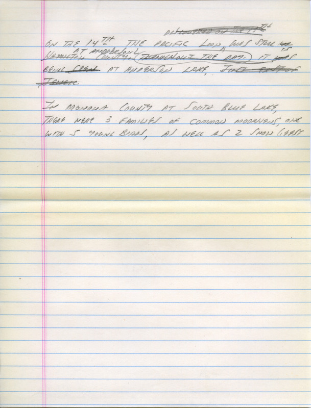 Email of the Iowa Birdline update for July 11, 1994. Highlights of the update include sightings of a King Rail, a Little Blue Heron, and five shorebird species, including a Stilt Sandpiper. Also included are handwritten notes for the next week's update with sightings of a Pacific Loon, Common Moorhens, and three species of Rails.