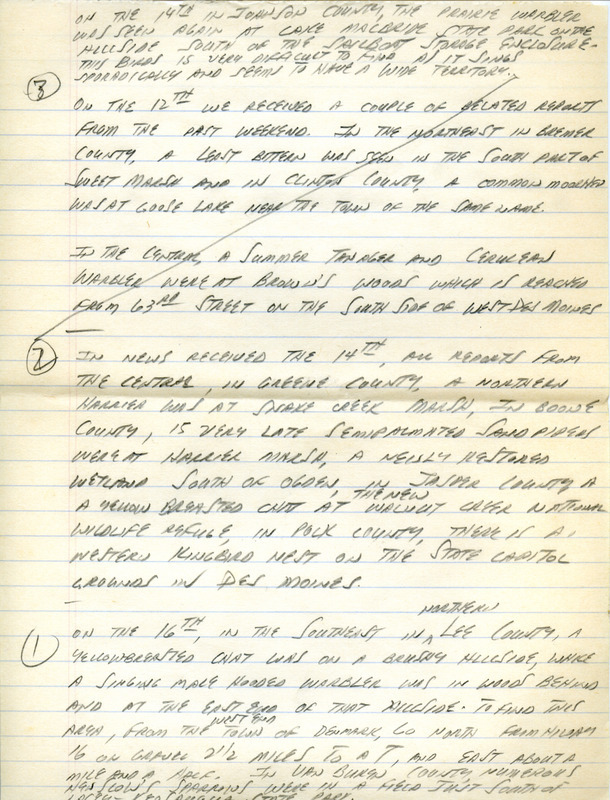 Iowa RBA update for June 12, 1995. Highlights of the update include sightings of a Bewick's Wren that fledged seven young and a Prairie Warbler. Also included are handwritten notes for the next week's update with sightings of a Hen Harrier and fifteen very late Semipalmated Sandpipers.