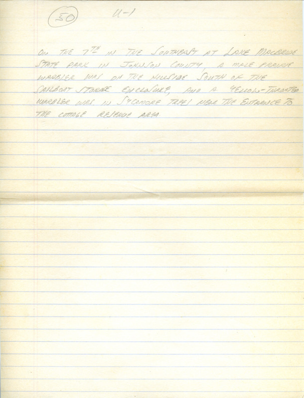 Iowa RBA update for June 5, 1995. Highlights of the update include sightings of a MacGillivray's Warbler, Mississippi Kite, Sandhill Crane, Piping Plover and Glossy and White-faced Ibis. Also included are handwritten notes for the next week's update with sightings of a male Prairie Warbler and a Yellow-throated Warbler.