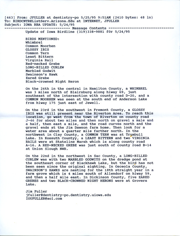 Iowa RBA update for May 22-24, 1995. Highlights of the update include sightings of Glossy Ibis, White-faced Ibis, two nests of Barn Owls, Whimbrel, Common Moorhen and a Red-necked Phalarope.