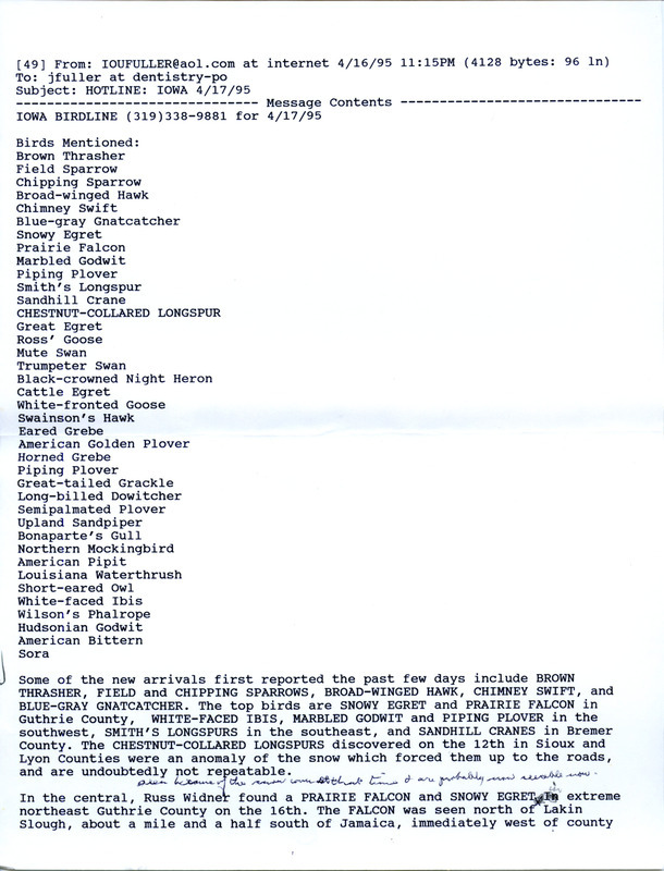 Iowa RBA update for April 17-23, 1995. Highlights of the update include sightings of a Snowy Egret, Prairie Falcon, White-faced Ibis, Smith's Longspurs, Sandhill Cranes and Chestnut-Collared Longspurs. Also, an important finding of four Fish Crows by Thomas H. Kent, if confirmed this would be a new state record.