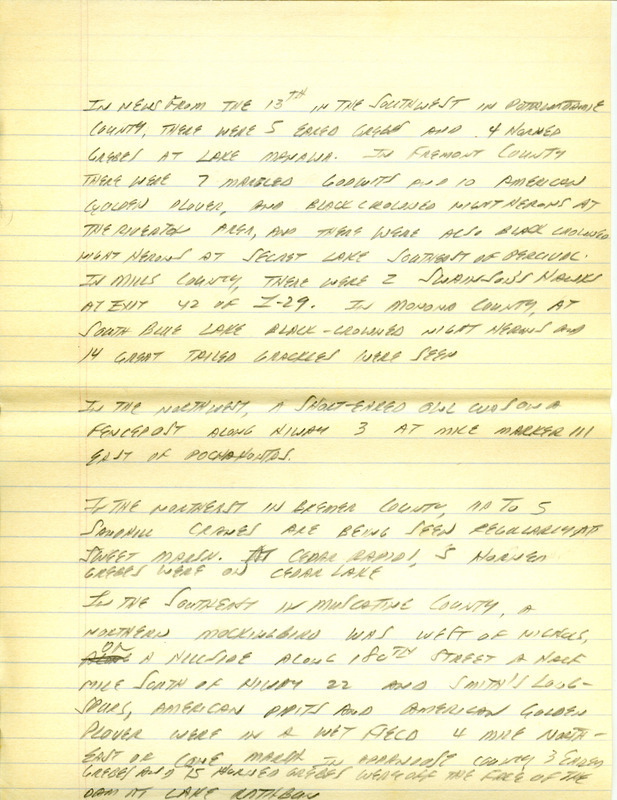 Iowa Birdline update for April 10-12, 1995. Highlights of the update include sightings of Smith's Longspurs, a Cinnamon Teal, Sandhill Cranes and a Chestnut-collared Longspur. Also included are handwritten notes for the next week's update with sightings of five Eared Grebes, four Horned Grebes and a Short-eared Owl.