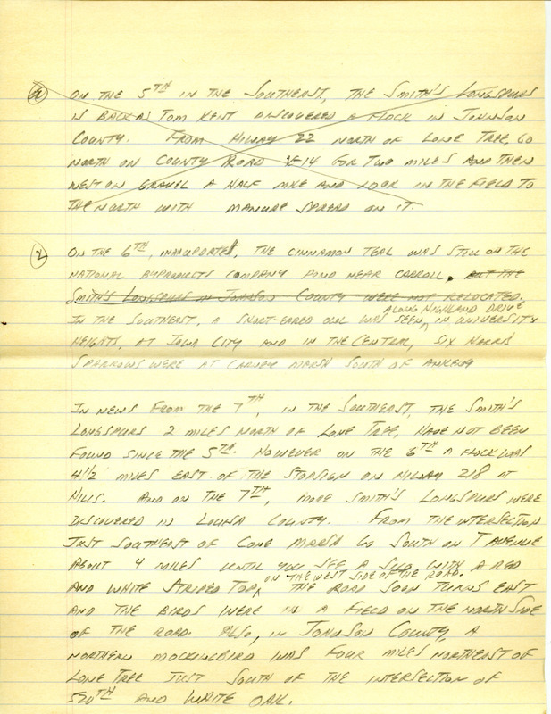 Email for the Iowa Birdline update April 2, 1995. Highlights of the update include sightings of a Reeve (female Ruff), Cinnamon Teal and seven Sandhill Cranes. Also included are handwritten notes for the next week's update with sightings of a flock of Smith's Longspurs and a Northern Mockingbird.