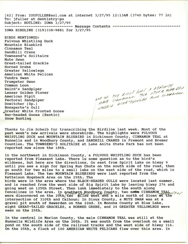 Email for the Iowa Birdline update for March 27-30, 1995. The highlights for the update include sightings of a Fulvous Whistling-Duck, Mountain Bluebird, Cinnamon Teal, Sandhill Cranes, a pair of Peregrine Falcons and an exotic Bar-headed Goose.