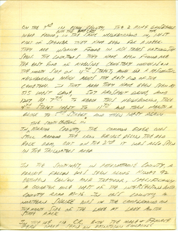 Email for the Iowa Birdline update for February 27, 1995. Highlights of the update include sightings of two female Pine Grosbeaks, the continued presence of the Common Eider, a Ross' Goose and a Golden Eagle. Also included are handwritten notes for the next week's update with sightings of a family of three Trumpeter Swans and a Northern Shrike.