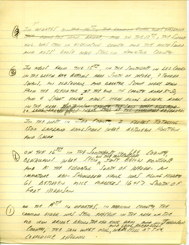 Email for the Iowa Birdline update for February 13, 1995. Highlights of the update include sightings of the continued presence of the Common Eider, Lesser Black-backed Gull, Great Black-backed Gull, Long-tailed Duck, Sandhill Crane, Prairie Falcon and a Snowy Owl. Also included are handwritten notes for the next week's update with sightings of an immature Red-shouldered Hawk and two flocks of Lapland Longspurs.